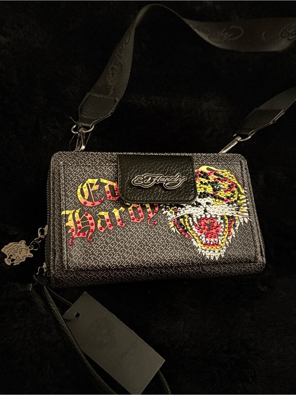 Ed Hardy Rhinestone Tiger Crossbody Wallet New w Tag
